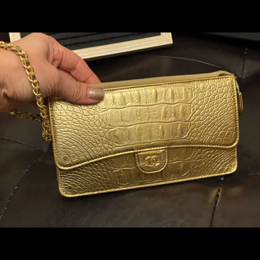 Chanel Gold Crocodile Embossed Women's Bag